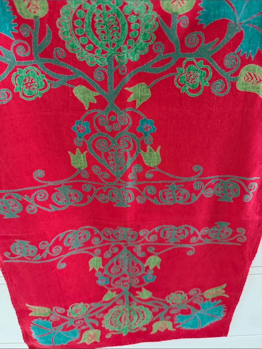 Marimekko Red Tea Towel with Teal and Green Floral Motif Granaattiomena Pattern
